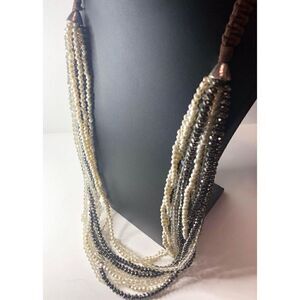 271 CHICO'S shimmering faceted bead / faux pearl layered necklace w/Leather Long